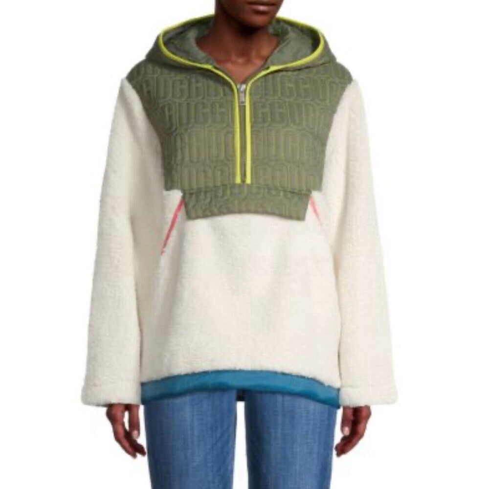 UGG Iggy Sherpa Half Zip Sz XS Hooded Olive Green Cream Pullover RTW Women MN2-5